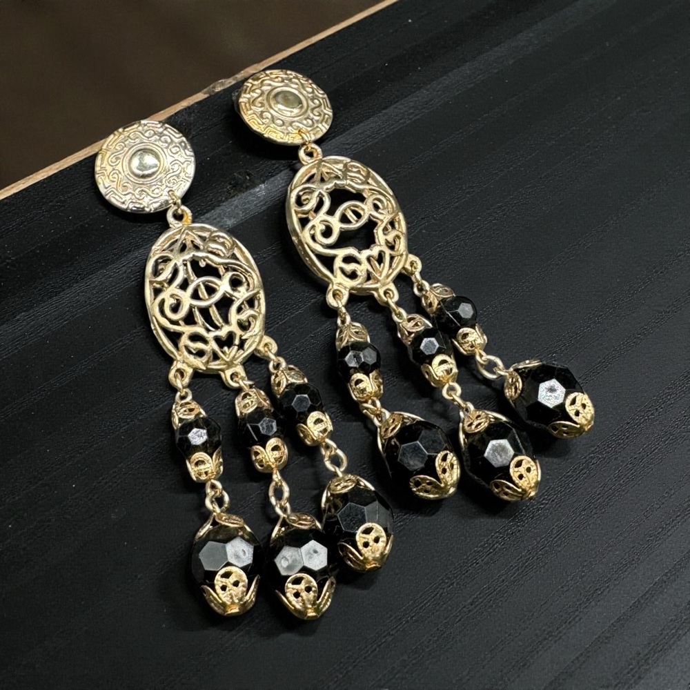 Statement Earrings Dangling Gold Tone and Black Faceted Beads Clipon Long